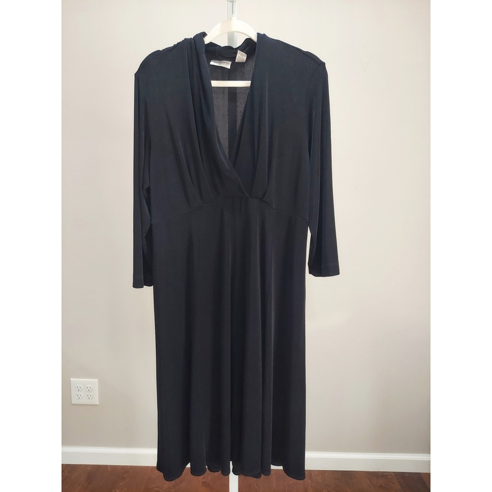 Chicos Travelers Black Midi Dress Size 2 Large V-Neck 3/4 Sleeve Ribbed Slinky